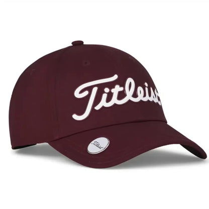 Burgundy titleist golf cap with white logo and adjustable strap.