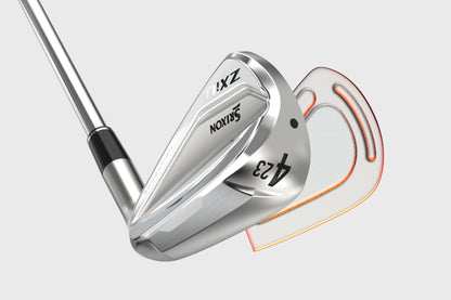 Silver golf iron with black grip and orange accents, featuring ’423’’ on the head.